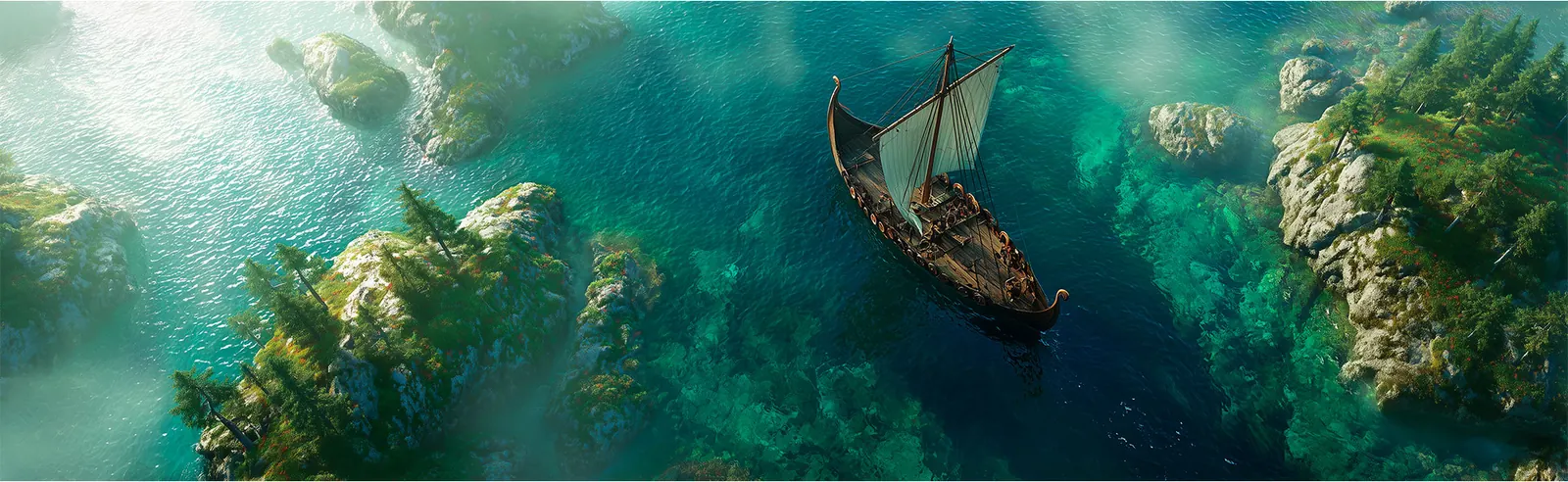 A longship sailing through a green fjord, seen from above